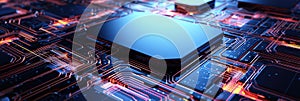 Microprocessor on a printed circuit board, electronic technology concept, artificial intelligence. Horizontal banner