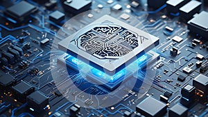 Advanced Microprocessor Technology with Glowing Blue Integrated Circuits and Complex Connections