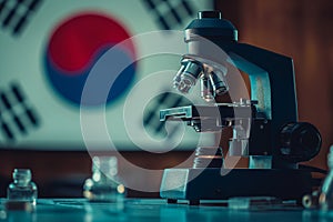 Microscope against the background of the South Korea flag