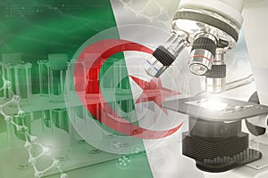 Microscope on Algeria flag - science development digital background. Research of biochemistry design concept, 3D illustration of