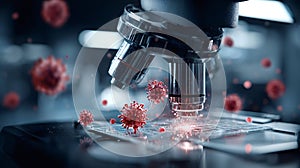 Microscope analyzing virus cells on a research slide