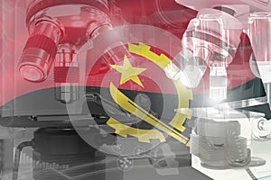 Microscope on Angola flag - science development conceptual background. Research in nanotechnology or pharmacy, 3D illustration of