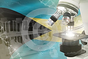 Microscope on Bahamas flag - science development digital background. Research of biotechnology design concept, 3D illustration of