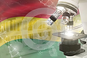 Microscope on Bolivia flag - science development digital background. Research of biochemistry design concept, 3D illustration of