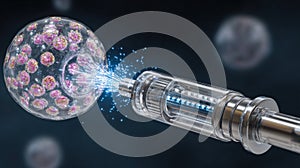 Microscope Capturing a Scientist Injecting Liquid Into a Transparent Cell With Bright Pink Structures at a Laboratory