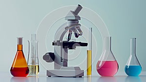 Microscope with colorful chemical-filled flasks and beakers on a laboratory table, showcasing scientific research