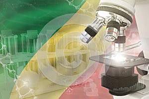 Microscope on Congo flag - science development digital background. Research of nanotechnology design concept, 3D illustration of
