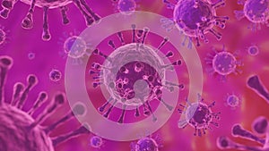 Microscope of Coronavirus disease. Purple COVID-19. Pandemic medical background concept. 3D rendering illustration