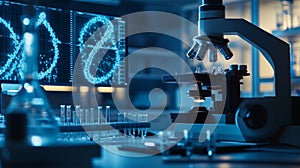 Microscope and DNA Data on Computer Screen in a Modern Laboratory