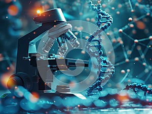 Microscope with dna molecule on abstract background. 3d illustration Generative AI