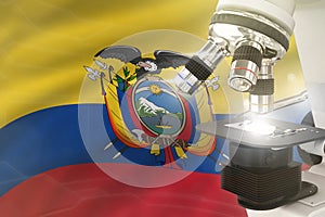 Microscope on Ecuador flag background - science development concept. Research in genetics or physics 3D illustration of object