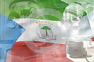 Microscope on Equatorial Guinea flag - science development conceptual background. Research in biochemistry or medicine, 3D