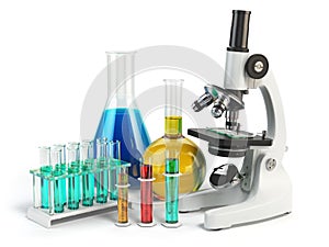 Microscope with flasks and vials. Chemistry labratory tools.