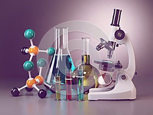 Microscope with flasks, vials and model of molecule. Chemistry o