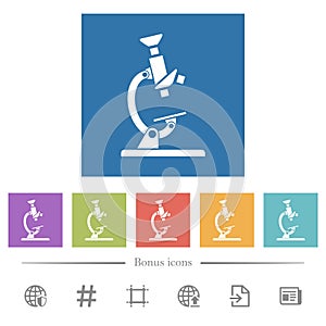 Microscope flat white icons in square backgrounds