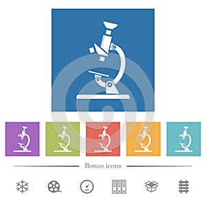 Microscope flat white icons in square backgrounds