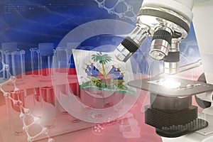 Microscope on Haiti flag - science development digital background. Research of nanotechnology design concept, 3D illustration of