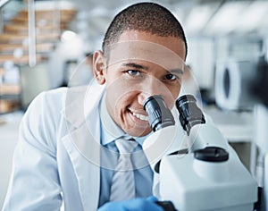 Microscope, happy man and portrait of laboratory scientist working on healthcare research, forensic investigation or