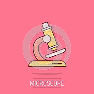 Microscope icon in comic style. Laboratory magnifier cartoon vector illustration on isolated background. Biology instrument splash