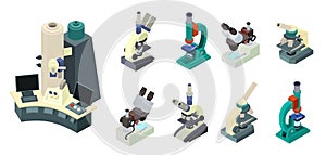 Microscope icons set, isometric style