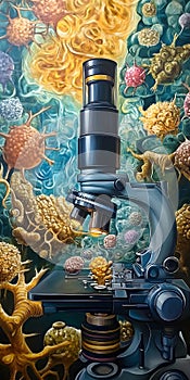 Microscope Illustration with Colorful Microscopic Organisms