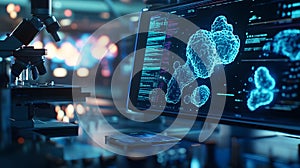 Microscope image of genetically engineered bacteria, displayed on a digital screen in a lab