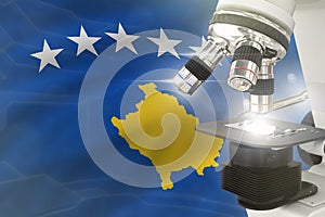 Microscope on Kosovo flag background - science development concept. Research in genetics or healthcare 3D illustration of object