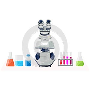 Microscope and lab flasks