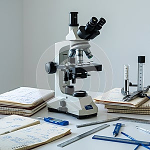 Microscope on a lab table alongside scientific equipment and materials.
