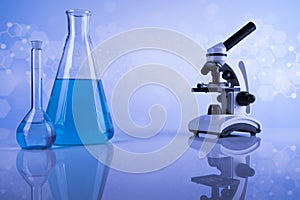 Microscope, Laboratory beakers,Science experiment