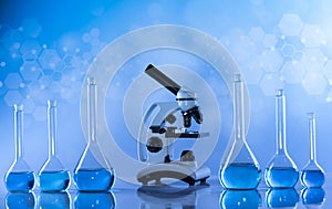 Microscope, Laboratory beakers,Science experiment