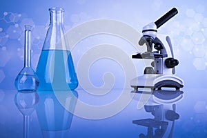 Microscope, Laboratory beakers,Science experiment