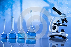 Microscope, Laboratory beakers,Science experiment