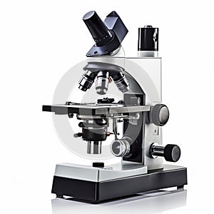 a microscope on a laboratory table with scientific equipment in the background