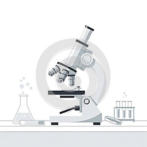 Microscope on Laboratory Table With Test Tubes and Flask