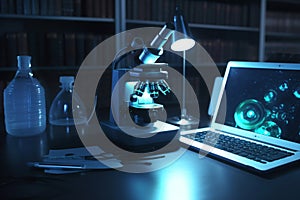 Microscope and laptop computer on laboratory desk, AI Generative