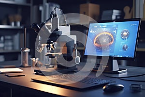 Microscope and laptop setup for scientific research and analysis, AI Generative