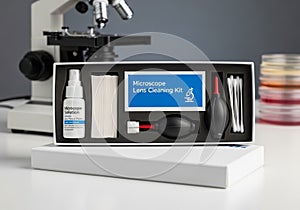 Microscope lens cleaning kit containing a