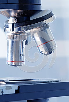 Microscope lenses, blue tint