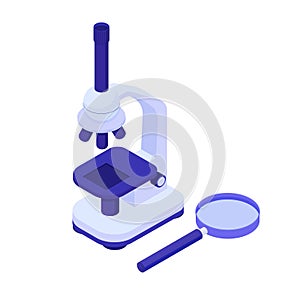 Microscope with magnifying glass illustration. Scientific biological research tool new sensational discoveries.