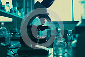 Microscope with metal lens at laboratory. Scientific and healthcare research, examining of test sample in a lab