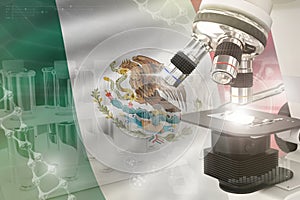Microscope on Mexico flag - science development digital background. Research of healthcare design concept, 3D illustration of