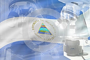 Microscope on Nicaragua flag - science development conceptual background. Research in microbiology or genetics, 3D illustration of