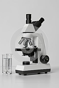 Microscope with objective lenses and beakers on white.