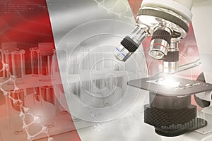 Microscope on Peru flag - science development digital background. Research of nanotechnology design concept, 3D illustration of