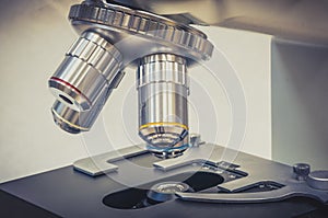 Microscope in scientific and healthcare research laboratory