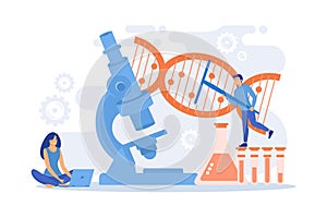 Microscope and scientists changing DNA structure. Genetic engineering, genetic modification and