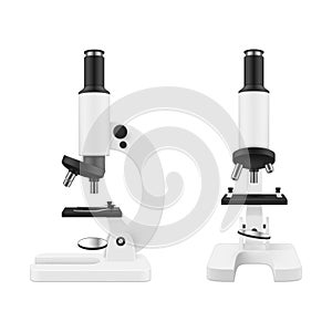 Microscope set realistic vector illustration. Science lab magnify tool for researching