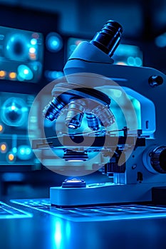 A microscope sitting on top of a table in a laboratory