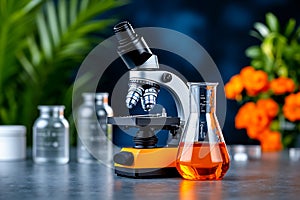 A microscope sitting on top of a table next to a beaker of liquid